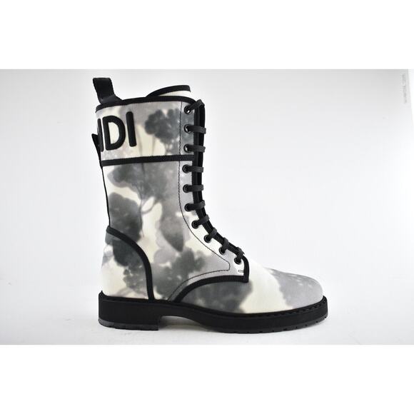 Fendi Black Grey White Tie Dye Canvas Lace Up Tie Logo Combat Biker Boot 37 - Picture 3 of 12